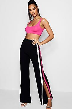 Boohoo Tess Contrast Side Split Crepe Wide Leg Trouser