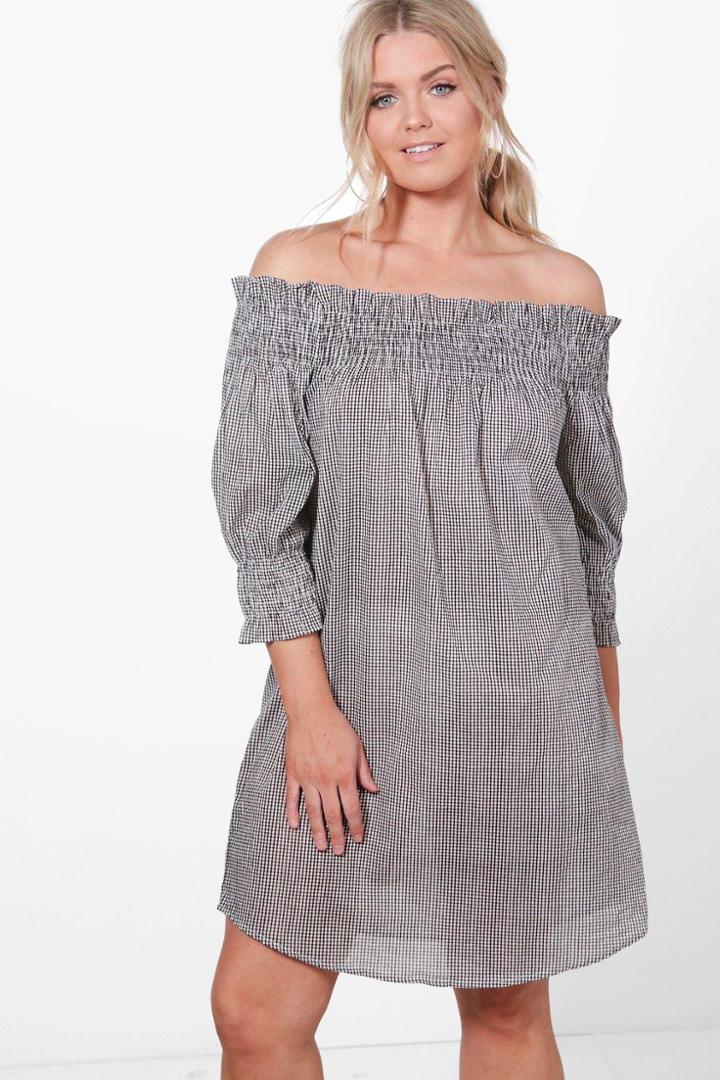 Boohoo Plus Bella Gingham Bardot Beach Dress Black