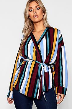 Boohoo Plus Striped Waist Tie Blouse