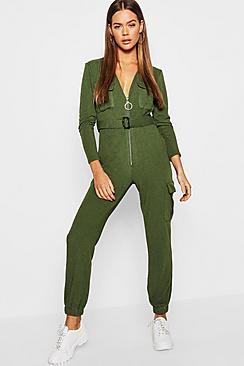Boohoo Zip Front Knitted Utility Jumpsuit
