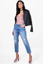 Boohoo Elise Pearl Embellished Boyfriend Jeans Blue