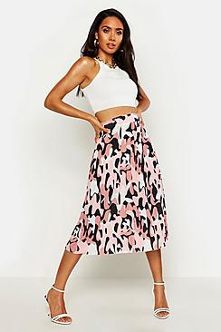 Boohoo Abstract Leopard Print Pleated Midi Skirt