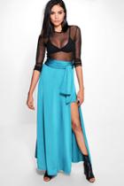 Boohoo Mila Obi Tie Thigh Split Full Maxi Skirt Emerald