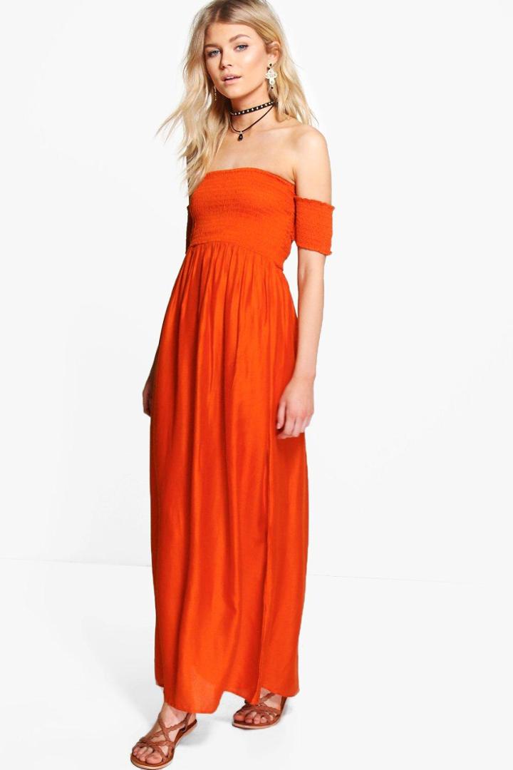 Boohoo Petite Bryony Off The Shoulder Shirred Dress Rust