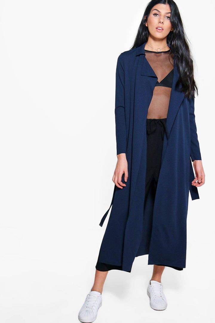 Boohoo Melanie Belted Waterfall Trench Navy