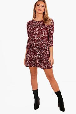 Boohoo Liz Tonal Print Brushed Knit Skater Dress