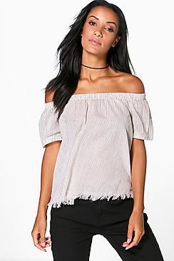 Boohoo Tanya Woven Stripe Raw Edge Off The Shoulder Top