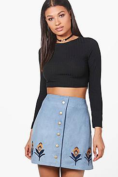 Boohoo Alexi Embroidered Hem Button Front Suede Skirt
