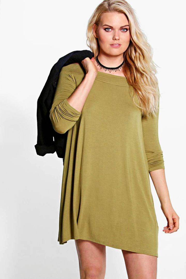 Boohoo Plus Rosalie Bardot Swing Dress Olive