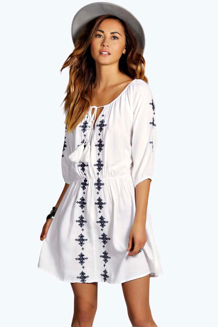 Boohoo Penny Embroidered Dress - White