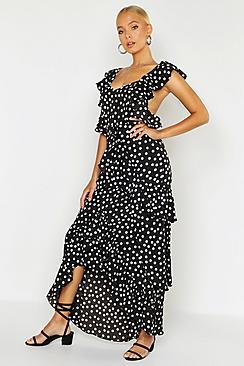 Boohoo Woven Spot Ruffle Split Maxi Dress