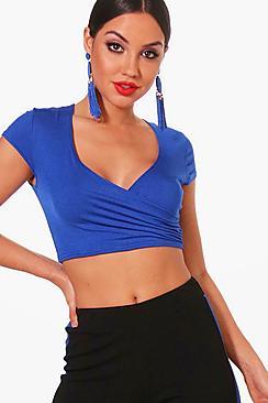 Boohoo Basic Wrap Front Cap Sleeve Basic Crop