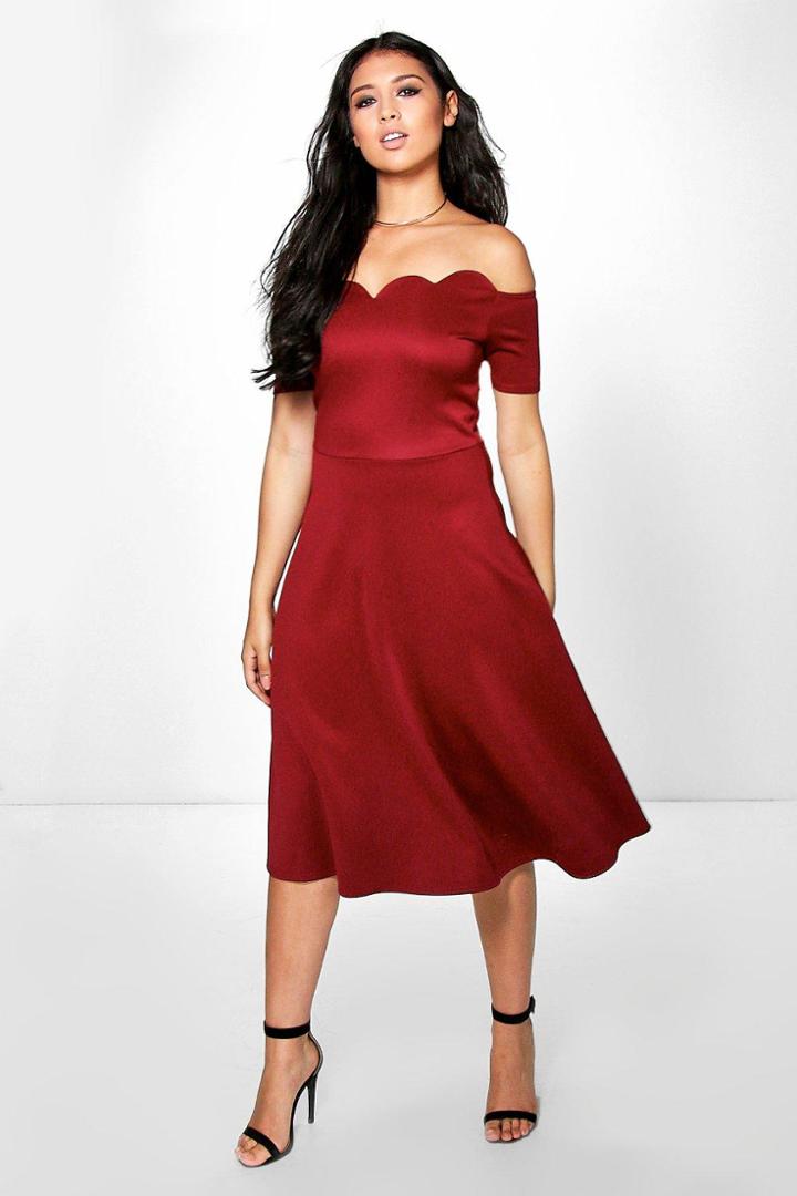 Boohoo Di Scallop Off Shoulder Midi Skater Dress Berry