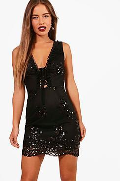 Boohoo Petite Yasmine V Neck Sequin Mesh Mini Dress