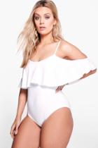 Boohoo Plus Sia Drape Sleeve Bathing Suit White
