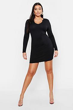 Boohoo Plus Jumbo Rib Notch Front Sleeved Midi Dress