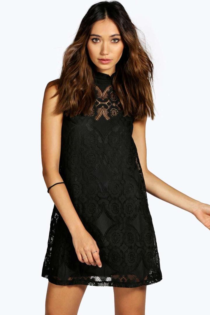 Boohoo Penny Lace High Neck Shift Dress Black