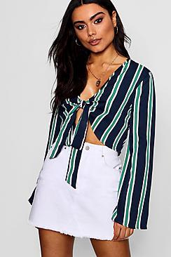 Boohoo Hailey Stripe Flare Sleeve Tie Crop