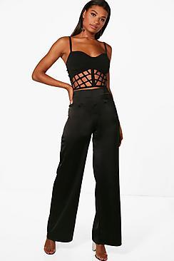 Boohoo Tan Woven Matte Satin Wide Leg Trousers