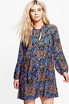 Boohoo Fiona Tie Front Printed Shift Dress