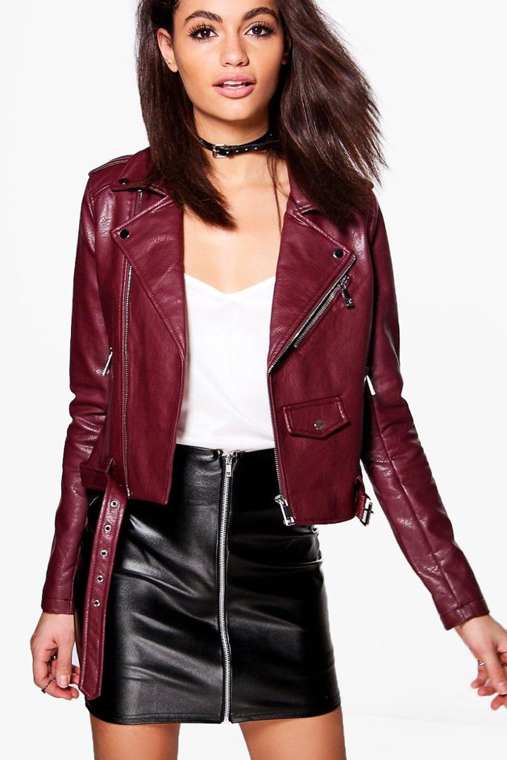 Boohoo Ruby Pu Biker Jacket Burgundy