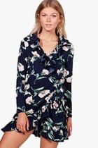 Boohoo Petite Jess Navy Floral Wrap Frill Dress