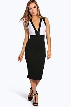 Boohoo Petite Megan Plunge Neck Colour Block Midi Dress