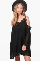 Boohoo Kitty Pleated Cold Shoulder Swing Dress Black