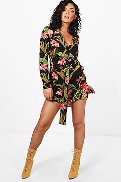 Boohoo Hayley Split Sleeve Tie Waist Woven Shirt Dress