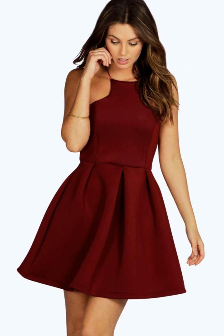 Boohoo Carry Bonded Scuba Cutaway Skater Dress Berry