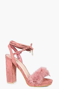 Boohoo Amy Faux Feather Trim Ankle Wrap Platform Heel