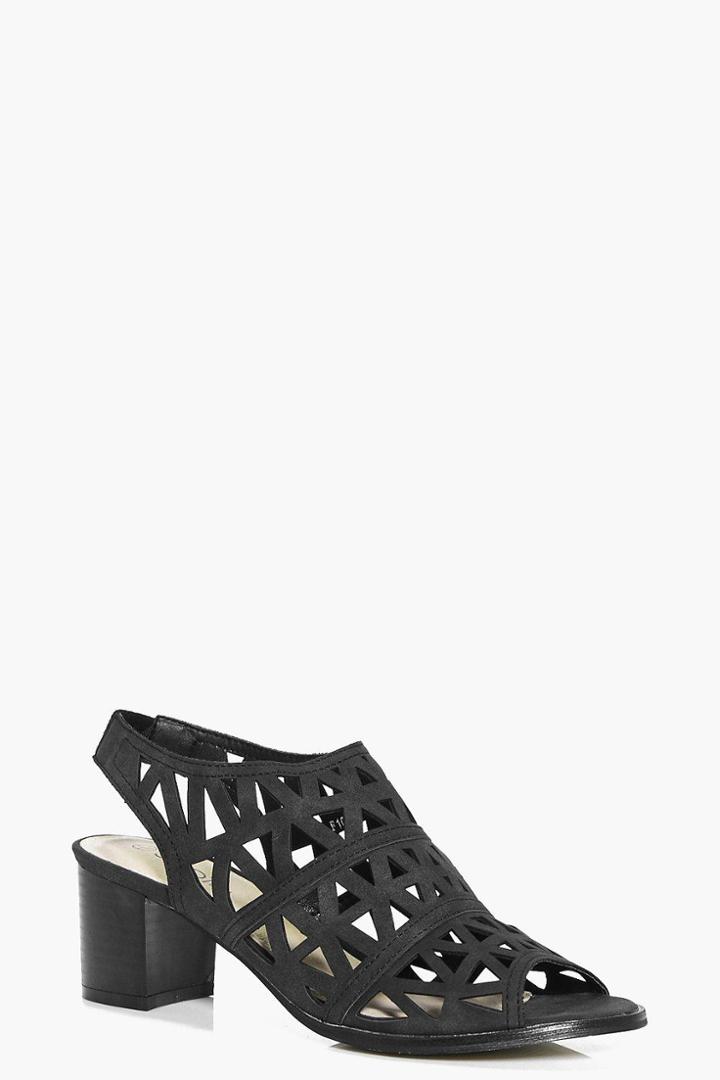 Boohoo Harriet Lazer Cut Peeptoe Shoe Block Heels Black