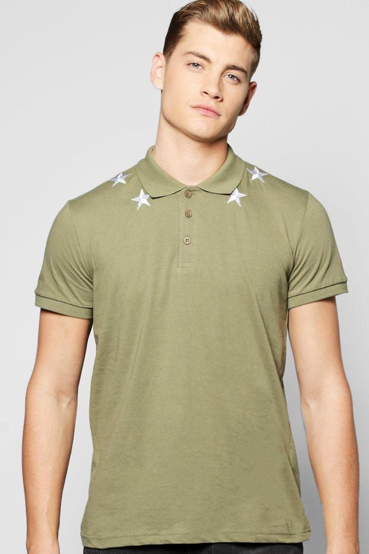 Boohoo Star Embroided Polo Khaki