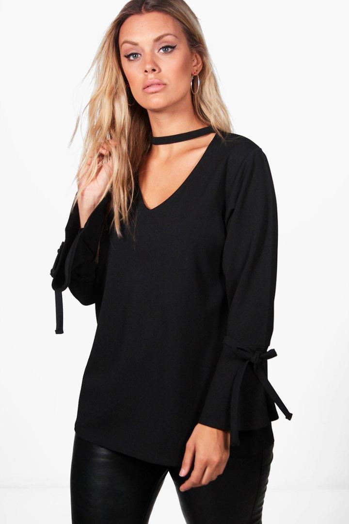 Boohoo Plus Lola Plunge Neck Crepe Tie Sleeve Top Black