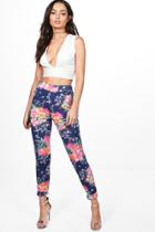 Boohoo Maia Tropical Floral Stretch Skinny Trousers Royal
