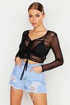 Boohoo Ruched Front Long Sleeve Mesh Crop Top