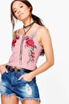 Boohoo Isabelle Floral Embroidered Crop Top Rose