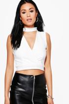 Boohoo Nikki Wrap Front Choker Crop Cream