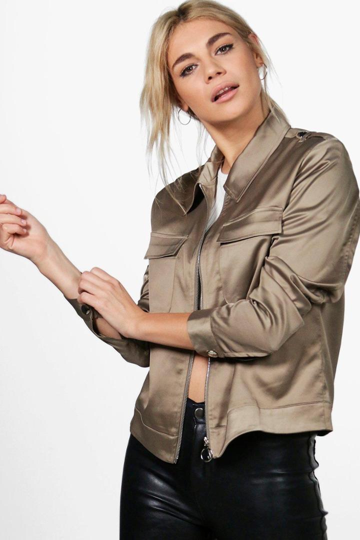Boohoo Jen Satin Crop Trucker Jacket Khaki