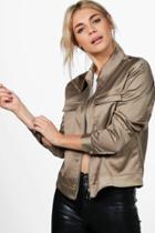 Boohoo Jen Satin Crop Trucker Jacket Khaki