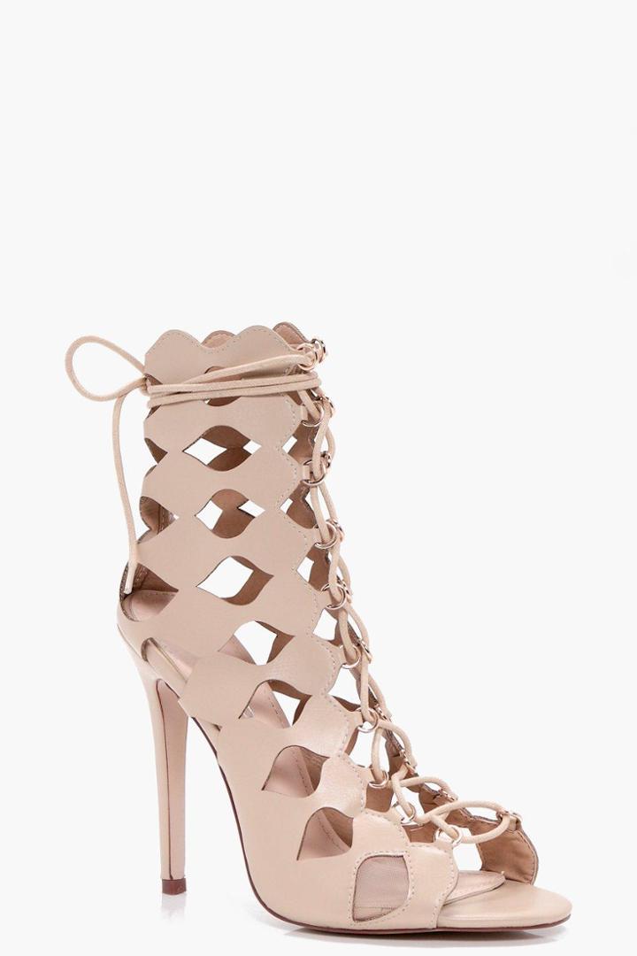Boohoo Alisha Cage Ghillie Lace Up Heels Nude