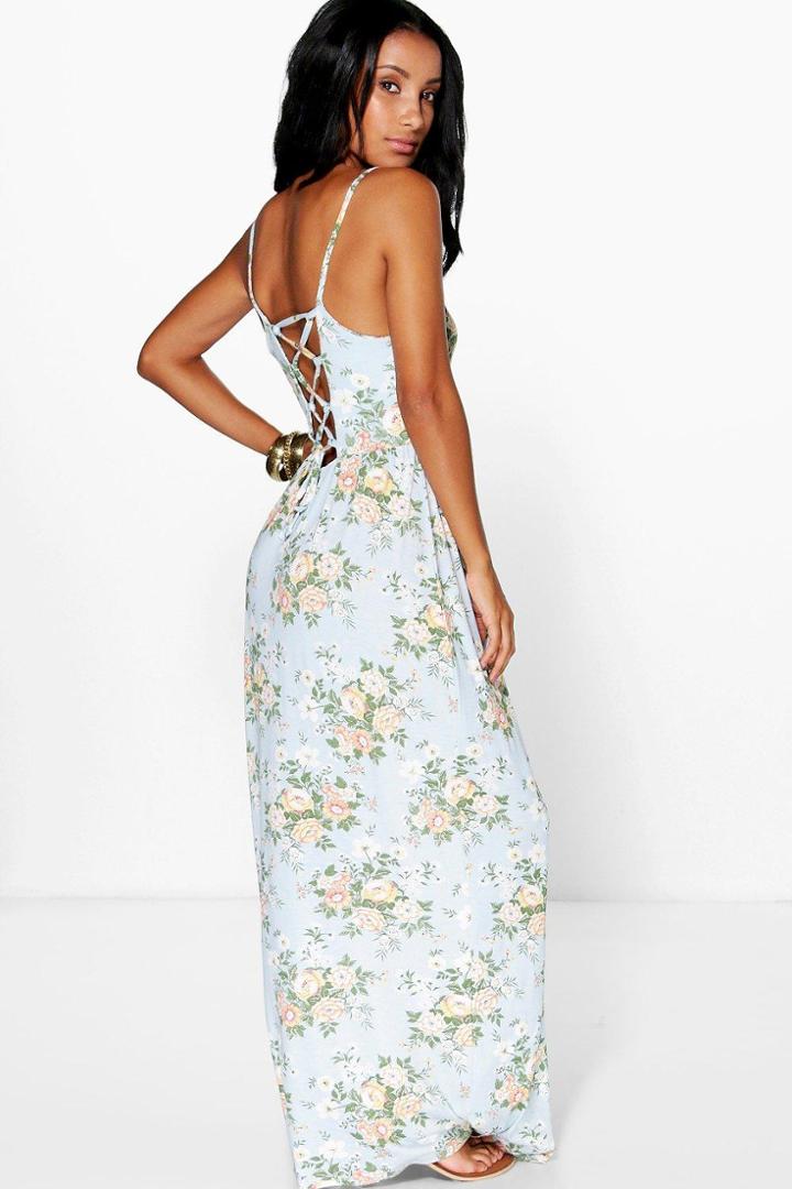 Boohoo Doina Strappy Back Floral Printed Maxi Dress Blue