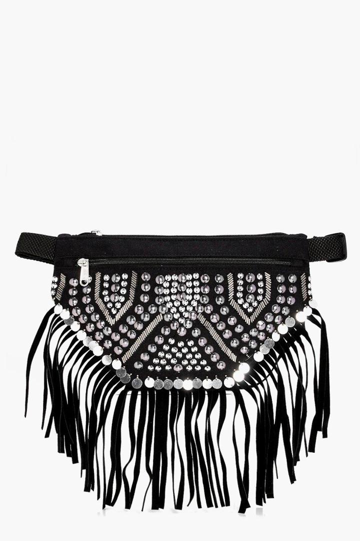 Boohoo Olivia Fringed Stud & Coin Bumbag Black