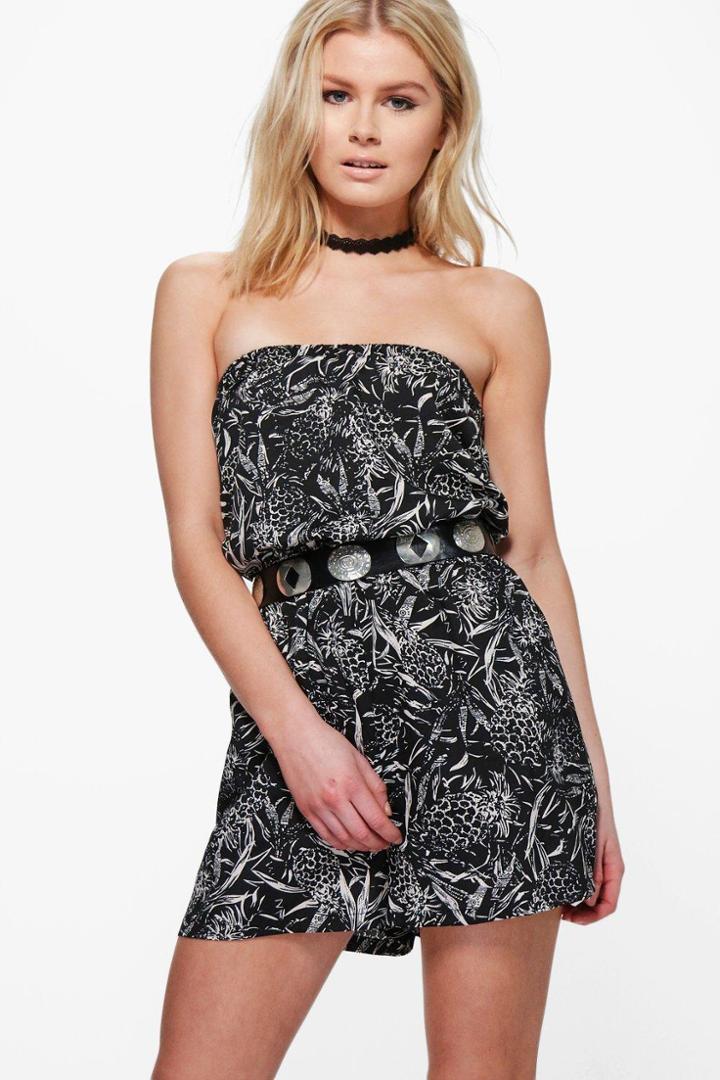 Boohoo Louise Pineapple Print Bandeau Playsuit Black