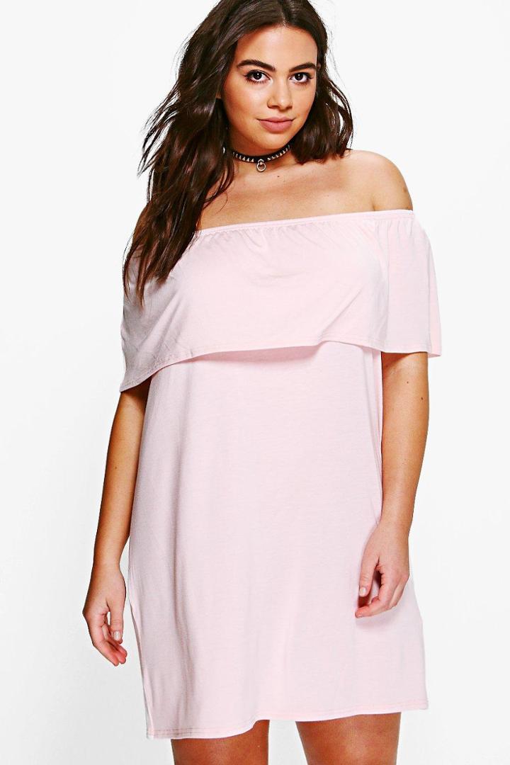 Boohoo Plus Caitlin Off The Shoulder Ruffle Shift Dress Nude