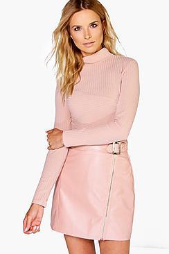 Boohoo Aria Buckle Front Zip Detail Leather Look Mini Skirt
