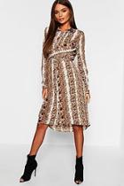 Boohoo Snake Print Twist Front Midi Shirt Dress