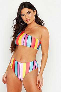 Boohoo Rainbow Stripe One Shoulder High Leg Bikini
