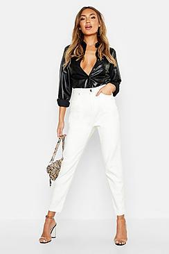 Boohoo Ecru Cord Front High Waist Mom Jeans