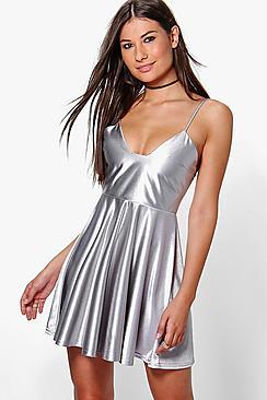 Boohoo Lorrie Satin Strappy Skater Dress